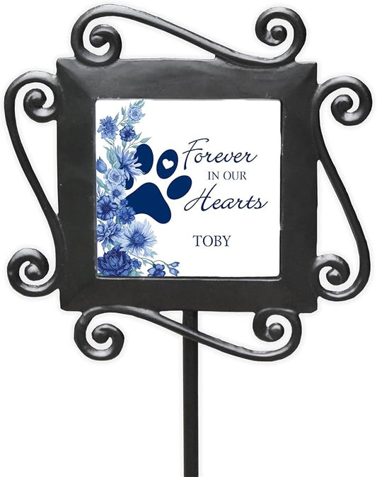 Personalized Pet Memorial Garden Stake Forever in Our Hearts Paw Print Tribute