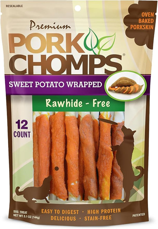 Pork Chomps Baked Pork Skin Dog Chews, 5 Inch Mini Twists, 12 Count - Sweet Potato Wrap - Long-Lasting Treats for Dogs - High Protein, Rawhide-Free, Low Fat, Healthy & Delicious Chews