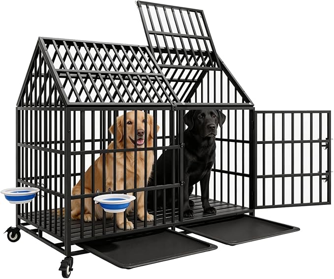 50 Inch Heavy Duty Indestructible Dog Crate with 2 Bowls, Escape-Proof Indoor Double Door High Anxiety Cage, Steel Chew-Proof Kennel with 4 Wheels and 2 Trays for Large Giant Dogs, XL/XXL