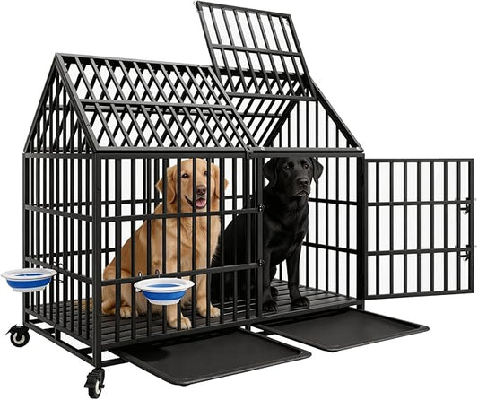 50 Inch Heavy Duty Indestructible Dog Crate with 2 Bowls, Escape-Proof Indoor Double Door High Anxiety Cage, Steel Chew-Proof Kennel with 4 Wheels and 2 Trays for Large Giant Dogs, XL/XXL