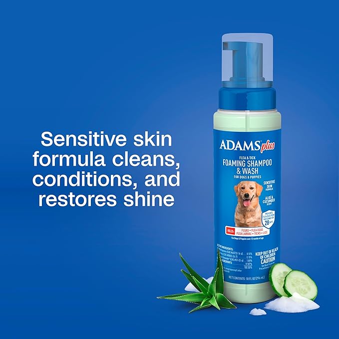ADAMS Plus Flea & Tick Foaming Shampoo & Wash for Dogs & Puppies, Flea Shampoo to Treat Flea Infestations, Kills Ticks, Fleas, Flea Eggs & Lice, Cleans and Conditions Coat, 10 Ounces
