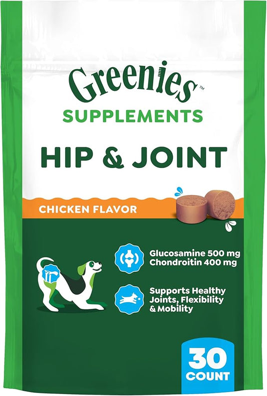Greenies Supplements Hip and Joint Supplements for Dogs, with Chondroitin & Glucosamine for Dogs, Chicken Flavor, 6.08 oz. Pouch, 30 Count