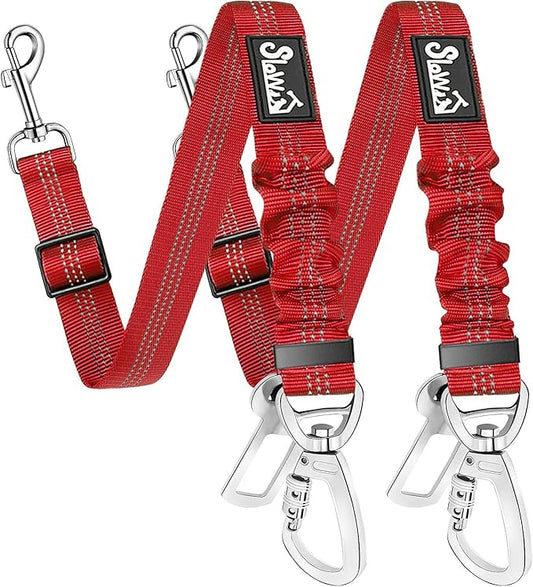 SlowTon Dog Seatbelt, 2 Pack Dog Seat Belt Car Leash Adjustable Elastic Bungee Buffer Heavy Duty Nylon Reflective Pet Safety Tether Connect to Dog Harness for Travel Riding in Vehicle (Daul Clip, R)