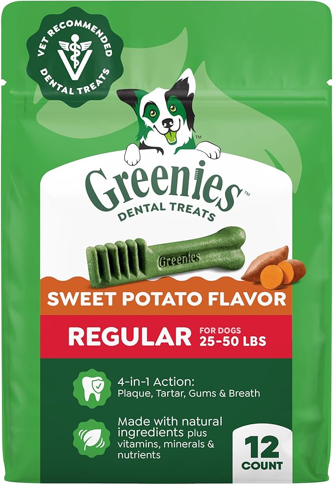 Greenies Veterinarian-Recommended Natural Dental Dog Treats, Dental Chews for Dogs, Regular Size, Sweet Potato Flavor, 12 oz. Pack, 12 Count