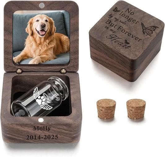 SOITIS Engraving Small Pet for Dogs Cats Urns for Ashes Wooden Box, Small Glass Urn for Pets Ashes Keepsake, Pet Urns for Ash Customized Funeral Keepsake Urn for Dog Ashes
