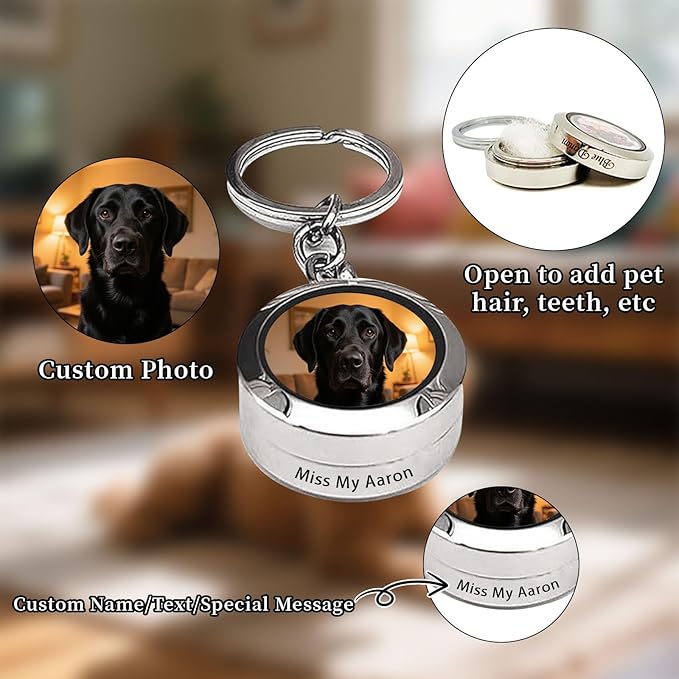 Personalized Locket Keychain Dog Hair Keychain Memorial Pet Fur Keepsake with Name Photo Custom Locket for Ashes Portrait Cremation Jewelry for Pet Loss of Dog Cat Sympathy Remembrance Gift