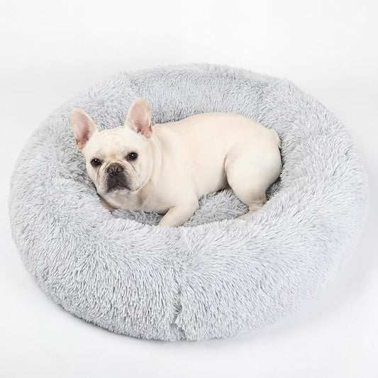 Calming Dog Bed for Medium Dogs Washable Donut 30 inches Anti-Slip Pet Bed,Round Fluffy Plush Faux Fur Cat Bed,Fits up to 45 lbs Pets,Grey