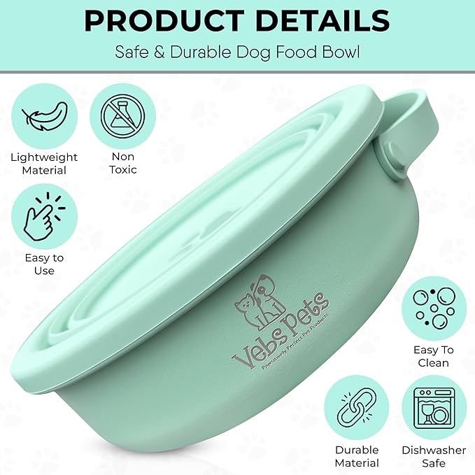 Vebs Pets- Stainless Steel Dog Bowl 30 oz, W/Collapsible Bowl Lid 20 oz W/Handle, Leak Proof, Non Slip, for Food & Water for Dogs & Cats, Medium Dogs, Portable Travel Dog (Jade)