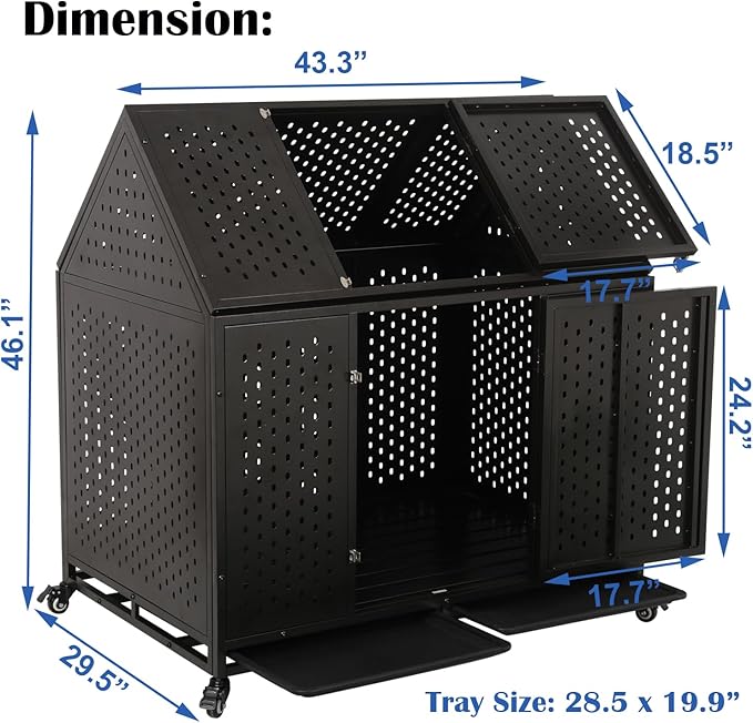 44 inch Heavy Duty Dog Crate with Wheels, Indestructible Escape-Proof Steel Pet Kennel for High Anxiety Large Medium Dogs, Chewproof Indoor Double Door Dog Kennel with 2 Trays, 4 Locks, XL