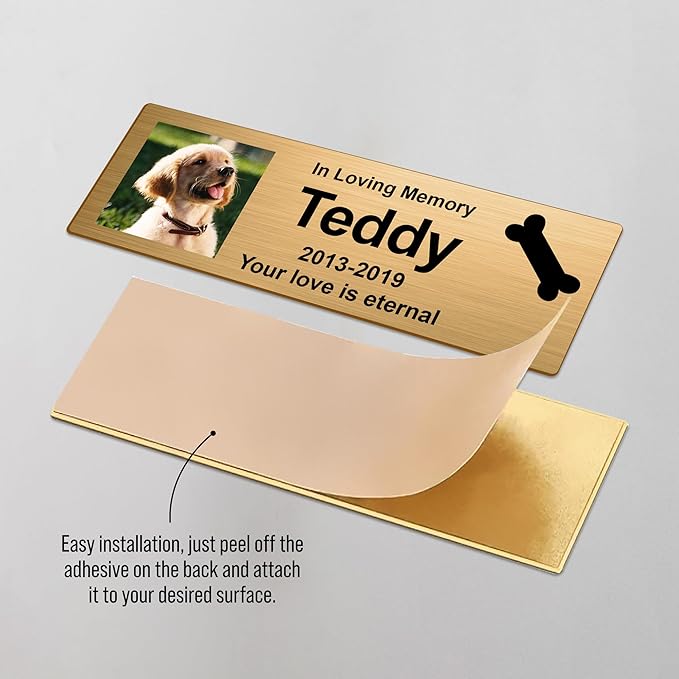 Custom Pet Memorial Nameplate for Urns & Ashes Boxes, Personalized Stainless Steel Adhesive Backing Badge Remembrance Tags (Text + Photo)