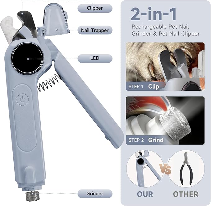 2-in-1 Dog Cat Nail Grinder & Clipper with LED Light, Pet Nail Clippers for Large Medium Puppy Dogs Ultra Quiet, Dog Cat Nail Trimmers with Splash Guard, Electric Dog Cat Claw Care File (Grey)
