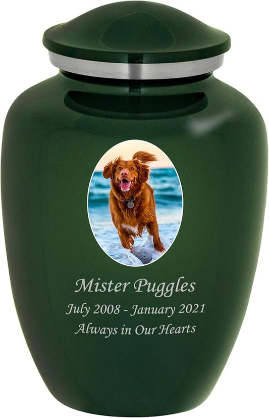 Homage Medium Custom Photo Pet Cremation Urn for Pet Ashes - Vase Style Pet Urn - 80 Cubic Inch Capacity - Personalization Included (Emerald Green)