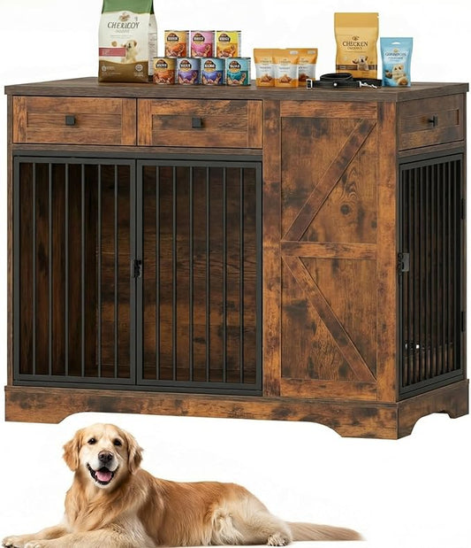 43.3" Dog Crate Furniture with Storage, Large Dog Kennel with 3 Drawers & 2 Feeding Bowls, Indoor Decorative Dog Cage for Large/Medium Dogs, Heavy Duty Dog House