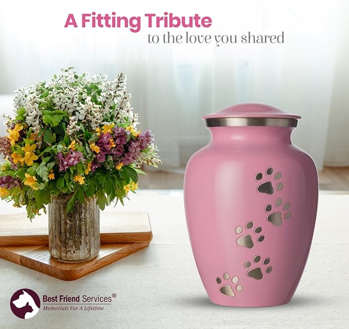 Ottillie Paws Legacy Series Pet Urn for Dogs, Handmade Aluminum Memorial Cremation Urn (Large - Pets up to 115 lbs, Ardent Pink, Vertical Pewter Paws)