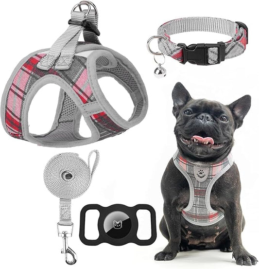 EXPAWLORER Classic Plaid Puppy Harness - Dog Collar and Leash - Soft Mesh Padded Adjustable Step in Small Dog Vest Harness No Pull, Reflective Escape Proof for Outdoor Walking, Grey Small