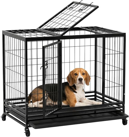 BestPet 36 Inch Heavy Duty Dog Crate, Indestructible Escape-Proof Kennel with Double Door & Removable Tray for Medium to Large Dogs,Black