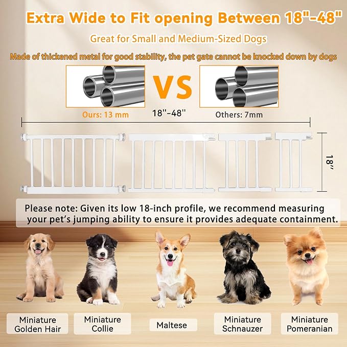 18" Height Short Dog Gate with Small Cat Door, Adjustable 18"-48" Extra Wide Pet Gate with 4 Extension Kits Pressure Mounted for Doorways and Stairs, White