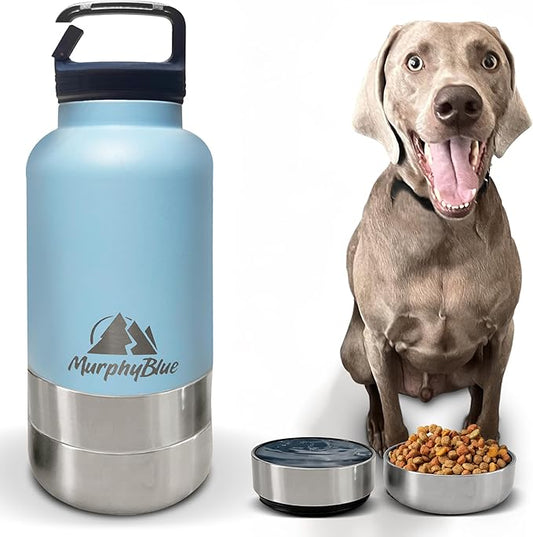 MurphyBlue Dog Water Bottle | 32 oz. Capacity Insulated Stainless Steel, Lid w/Built-in Carabiner, BPA Free Plastic Detachable Bowls, Portable Dog Water Bottles, Travel Bowls for Pets