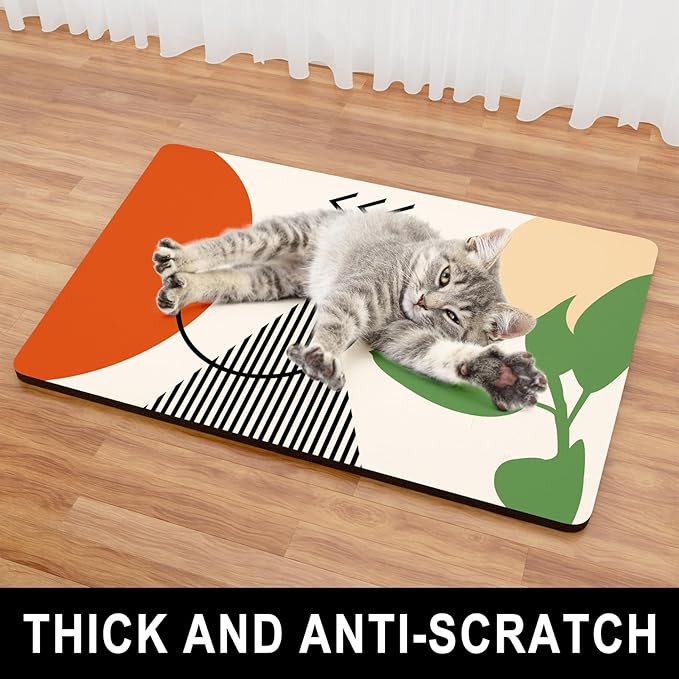 Dog Food Mat, 12" x 19" Absorbent Dog Cat Bowl Mat for Food and Water, Cute Anti-Slip Rubber Pet Feeding Rug Protect Floors, Placemat for Feeding & Watering Supplies, Modern Abstract Art