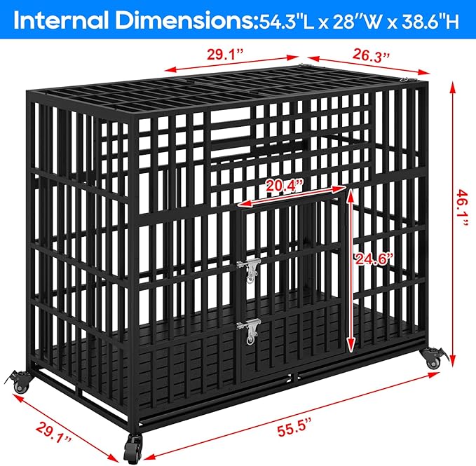 56 inch Indestructible Heavy Duty Dog Crate, Escape-Proof Indoor Impact Dog Cage for Large Giant Dogs, High Anxiety Pet Kennel with 2 Trays, 4 Wheels, 4 Locks and Double Door, XL XXL
