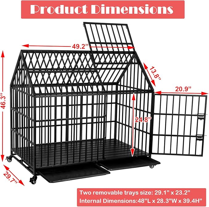 50 inch Heavy Duty Dog Crate with 2 Bowls and 4 Wheels, Indestructible Escape-Proof Steel Pet Kennel Cage Indoor for High Anxiety Dogs with 4 Sturdy Locks, Double Door and 2 Trays, Extra Large XL XXL