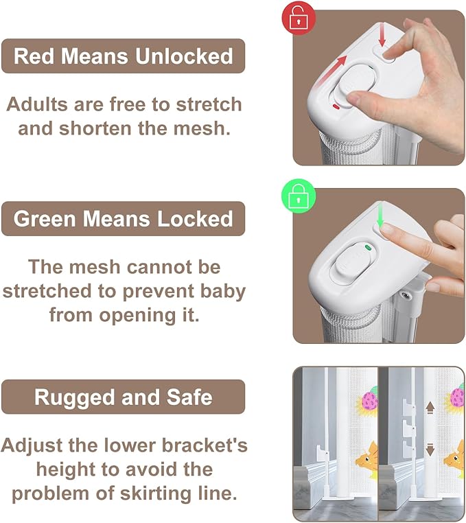 Retractable Baby Gate Kid Safety 34" Tall x 55” Wide, Mesh, for Stairs, Doorways, Dogs, Pets, Indoor, Outdoor, One-Handed Operation, Locking, Easy Install, Hardware Mount, Dinosaurs