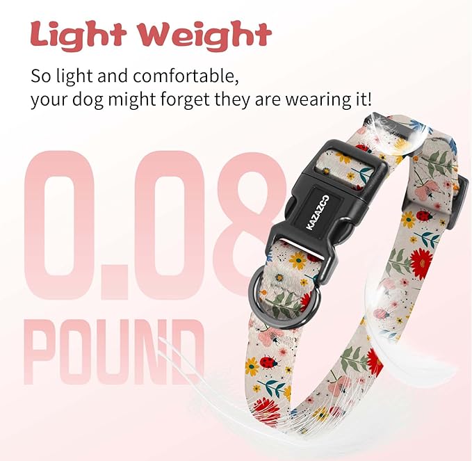 Kazazoo Dog Collar Cute and Soft Nylon Puppy Collar for Boy and Girl, Adjustable Dog Collars for Medium Large Dogs, Ladybugs and Flowers-L
