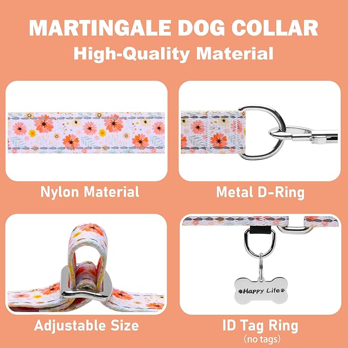 Reflective Martingale Collar for Dogs Nylon Training Collar with No Buckle Cute Floral No Pull Dog Collar for Medium Dogs（White Flower，M）