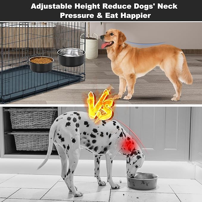 Crate Dog Bowls, Removable Stainless Steel Dog Bowl for Food and Water, Pet Kennel Hanging Food Water Feeder Station for Small/Medium/Large Pets, (7.1"x2.6" & 6.3"*2.4", Black)