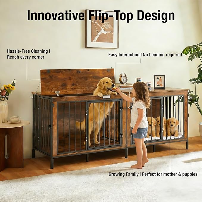 Extra Large 78" XXL Dog Crate Furniture with Removable Divider, 400LB Capacity Heavy Duty Kennel for 1-2 Dogs, Wooden Pet Cage with Flip-Top, Entertainment Center, Dog House TV Stand