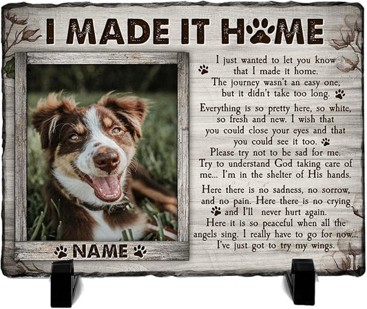 Personalized Rock Plaque: 'I Made It Home' - White Memorial Stone Gifts for Loss of Your Beloved Pet, Sentimental Dog and Cat Grave Markers in Our Hearts, House Decoration