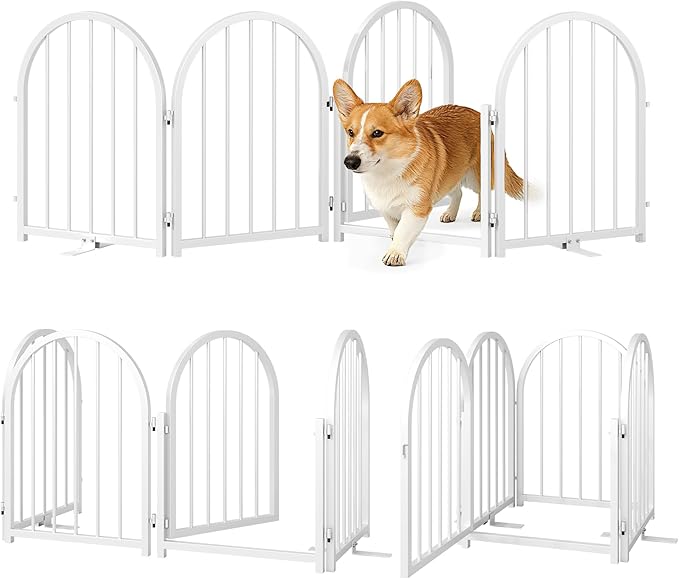 Full Metal Dog Gate with Door for Indoor Outdoor, 24" Tall Free Standing Pet Dog Fence, 72" Extra Wide Pet Gates for Stairs, Hallways, Doorways, Kitchen, Decks, Yards (White, 4 Panels)
