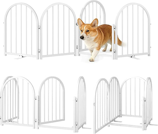 Full Metal Dog Gate with Door for Indoor Outdoor, 24" Tall Free Standing Pet Dog Fence, 72" Extra Wide Pet Gates for Stairs, Hallways, Doorways, Kitchen, Decks, Yards (White, 4 Panels)