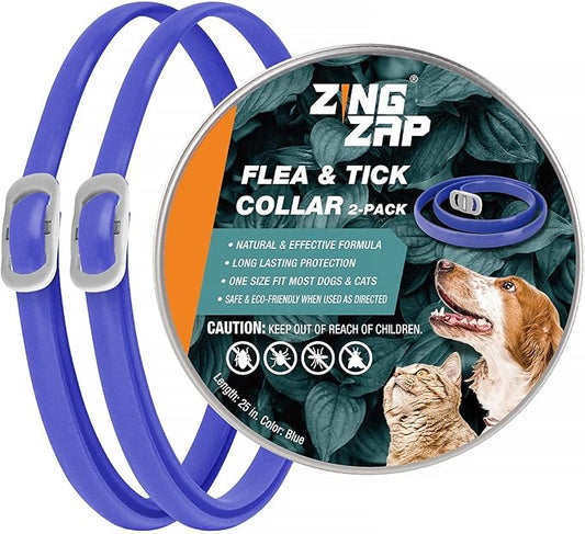 ZingZap Flea & Tick Collar 2-Pack Blue, Protects from Biting Insects, Adjustable Fits Both Dogs & Cats, Built-in Plant Based Formula, Slow-Release Lasting Protection, Waterproof