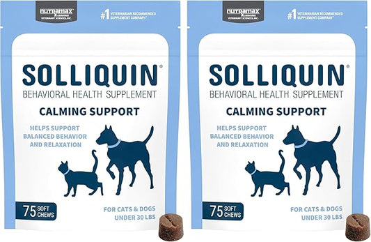 Nutramax Solliquin Calming Behavioral Health Supplement for Small to Medium Dogs and Cats - with L-Theanine,Magnolia/Phellodendron,and Whey Protein Concentrate,75 Soft Chews,(Pack of 2)