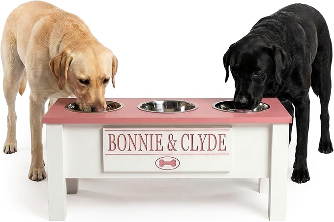 GTW Elevated 3 Bowl Dog Feeding Station - Customized Triple Stand for Large Dogs - Includes Storage & Stainless Steel Bowls (Large, Pink)