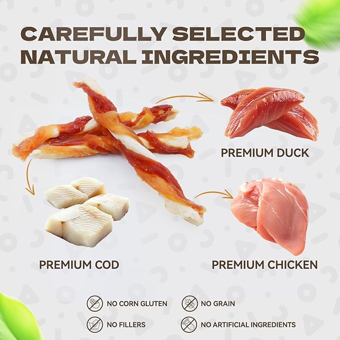 Triple Flavor Dog Jerky Treats, Real Chicken Duck and Cod Twist Strips Dog Training Treats Snacks Healthy Rawhide-Free Chews for Small Medium Large Breeds 10.58oz