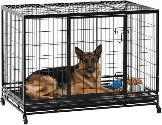 BestPet 48 Inch Heavy Duty Dog Crate, Indestructible Escape-Proof Kennel with Double Door & Removable Tray for Medium to Large Dogs,Black