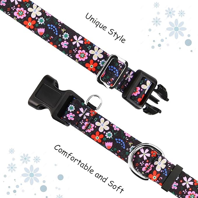 Martingale Dog Collar with Buckle Adjustable Nylon Limited Slip No Pull Training Floral Dog Collars (Black Pink Red, XSmall)