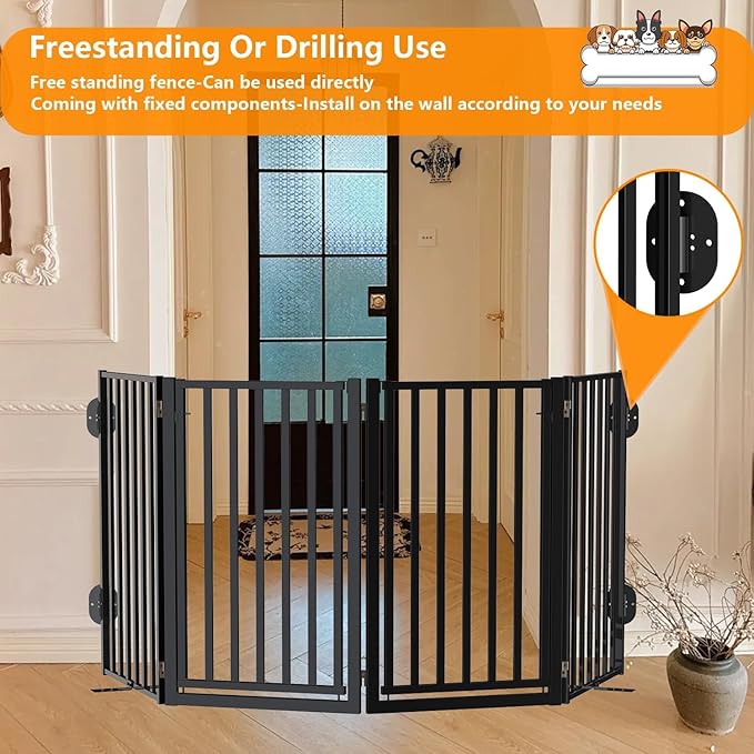 Dog Gate Free Standing with Door for Stairs, 36" Tall Dog Fence Freestanding Indoor Outdoor Use for Doorways, Metal Black 4 Panels
