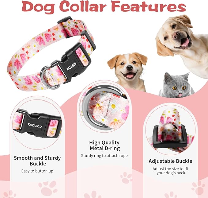 Kazazoo Dog Collar Cute and Soft Nylon Puppy Collar Girl, Adjustable Dog Collars for Small Medium Dogs, Pink Flowers-M