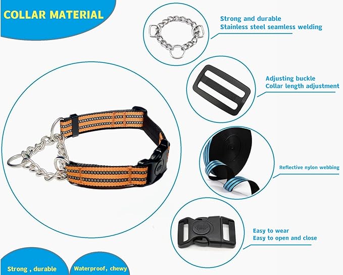 Martingale Collars for Dogs, Heavy Duty Stainless Steel Chain Training Collar, Reflective Nylon Adjustable Collar with Quick Release Buckle, Suitable for Puppy Medium Large Dogs (Orange, M)