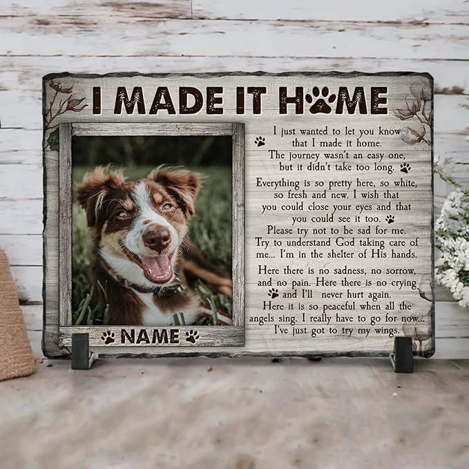 Personalized Rock Plaque: 'I Made It Home' - White Memorial Stone Gifts for Loss of Your Beloved Pet, Sentimental Dog and Cat Grave Markers in Our Hearts, House Decoration