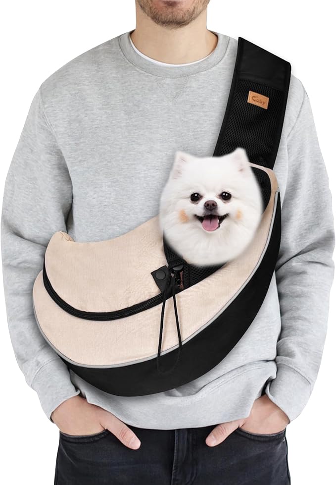 Cuby Pet Sling Carrier for Small Dogs Cats,Drawstring & Zipper Security Hook Triple Design for Pets' Securty Dog Bag,Breathable Travel Puppy Sling Carrier with Adjustable Strap(Beige,L(9.5-13.5 lbs))