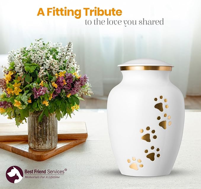 Ottillie Paws Legacy Series Pet Urn for Dogs, Handmade Brass Memorial Cremation Urn (X-Large - Pets up to 170 lbs, Cloud White Vertical Brass Paws)