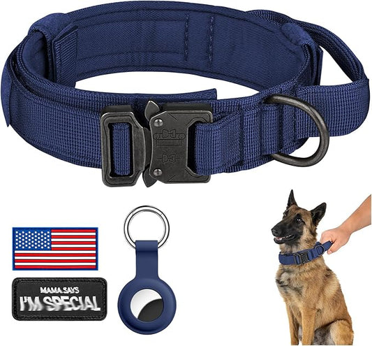 DAGANXI Tactical Dog Collar, Adjustable Military Training Nylon Dog Collar with Control Handle and Heavy Metal Buckle for Medium and Large Dogs, with Patches and Airtags Case (Midnight Blue, XXL)