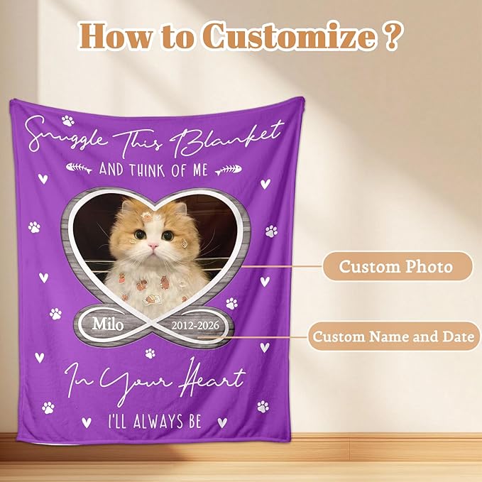 Cat Memorial Gifts for Loss of Cats, Custom Cat Memory Blanket with Photo Text, Pet Memorial Gifts for Dogs Cats, Dog Remembrance Bereavement Gift, Loss of Pet Sympathy Gift