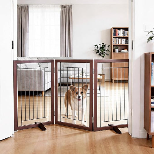 ZJSF Freestanding Dog Gate Indoor, Foldable Dog Fence for Doorways,Hallways or Stairs, Sturdy Wood Extra Wide Pet Gate with Support Feet,Brown,32 "Height-3 Panels