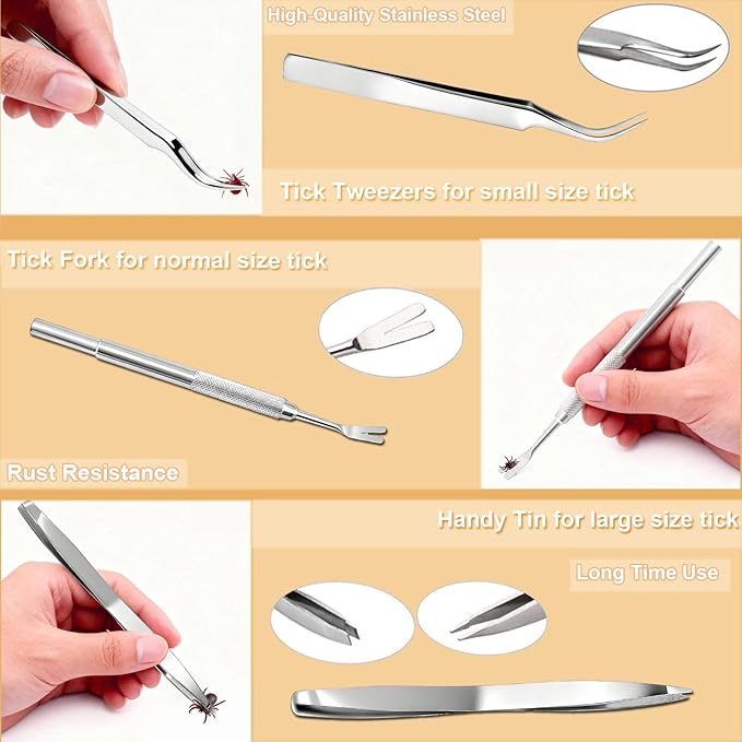 Tick Removal Tool,Tick Remover for Dogs,Premium Tick Twister Stainless Steel 3 PCS -Tick Tweezers/Tick Fork/Handy Tin with Case -Safe for Human & Pets (Silver)