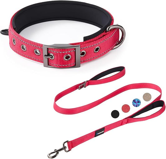 Annchwool Adjustable Dog Collar and 5 FT Leash Set with Heavy Duty Metal Buckle–Comfortable Lining Reflective Collar & Dual-Handles for Small Medium Large Dogs Walking,Running(Red Set,M:17''-23'')